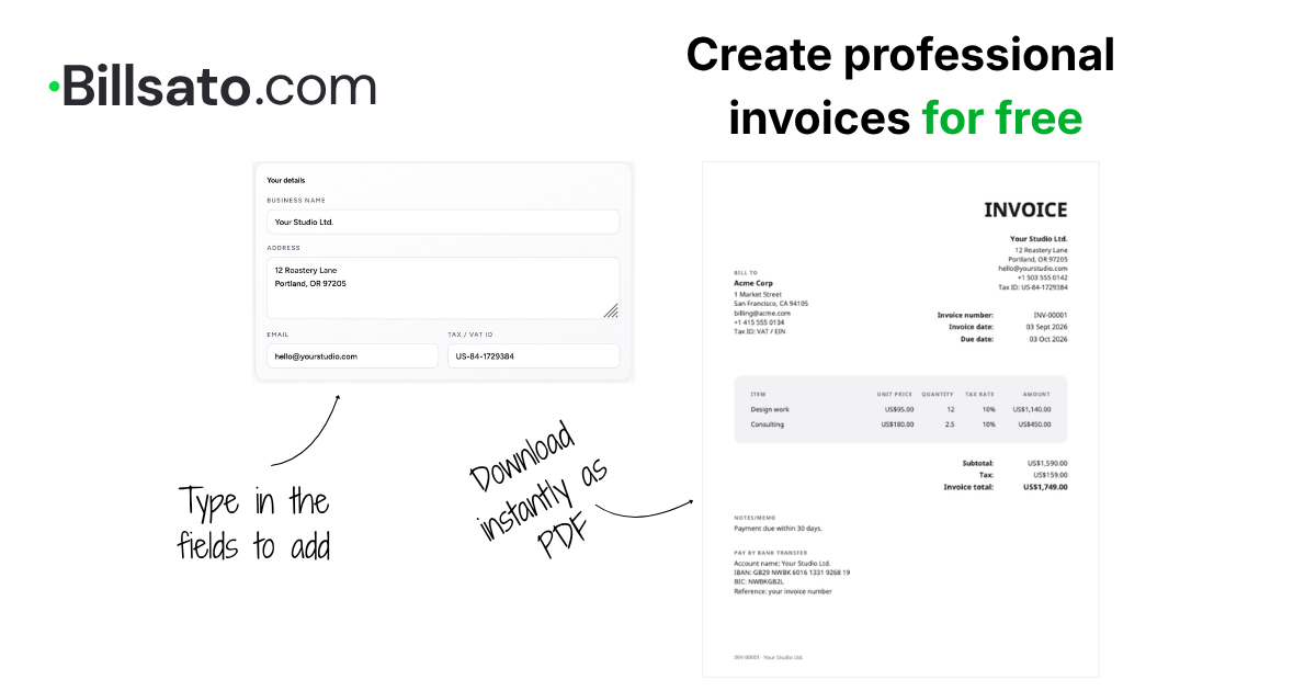 The Billsato invoice form beside the finished PDF invoice it produces